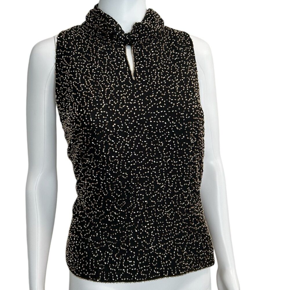 Vintage J Kara Beaded Mock Neck Sleeveless Top Black Gold Womens L Formal Y2K
